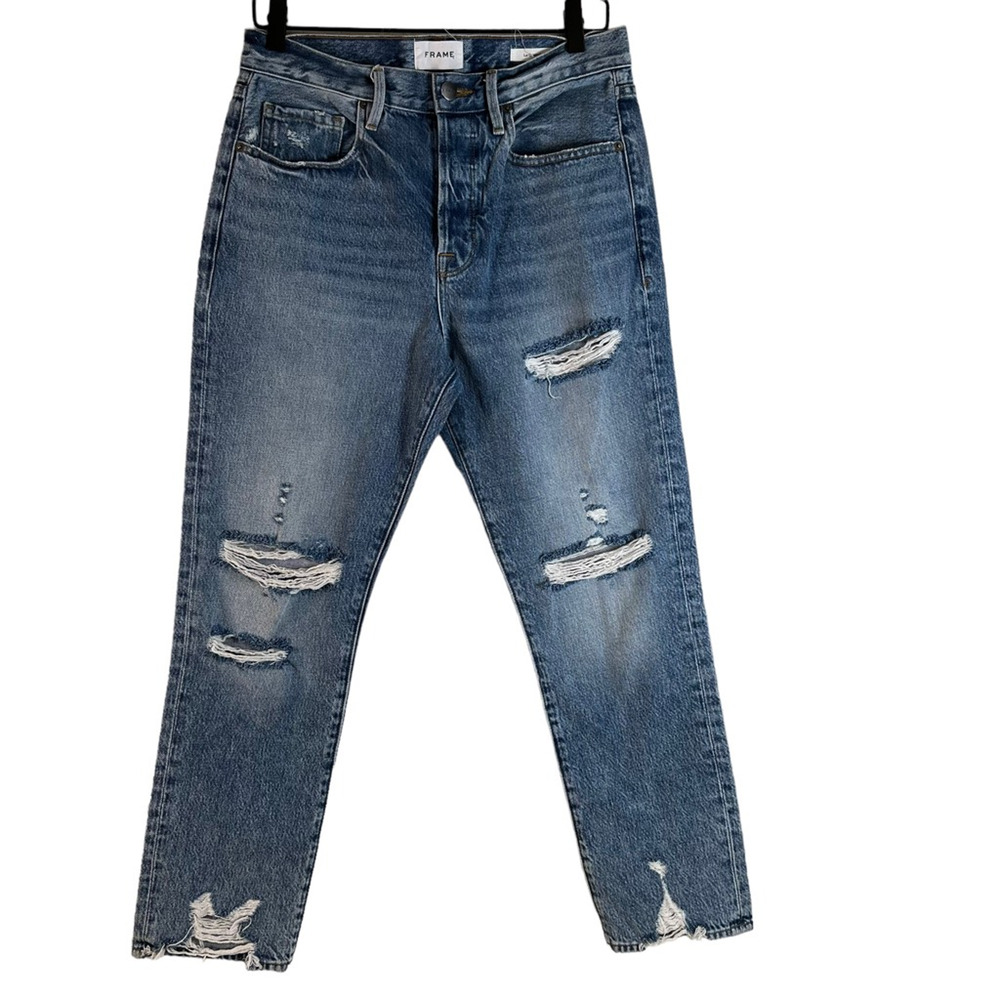 FRAME Denim Le Original Distressed Straight Leg Jeans Hi Rise Button Fly Blue 28